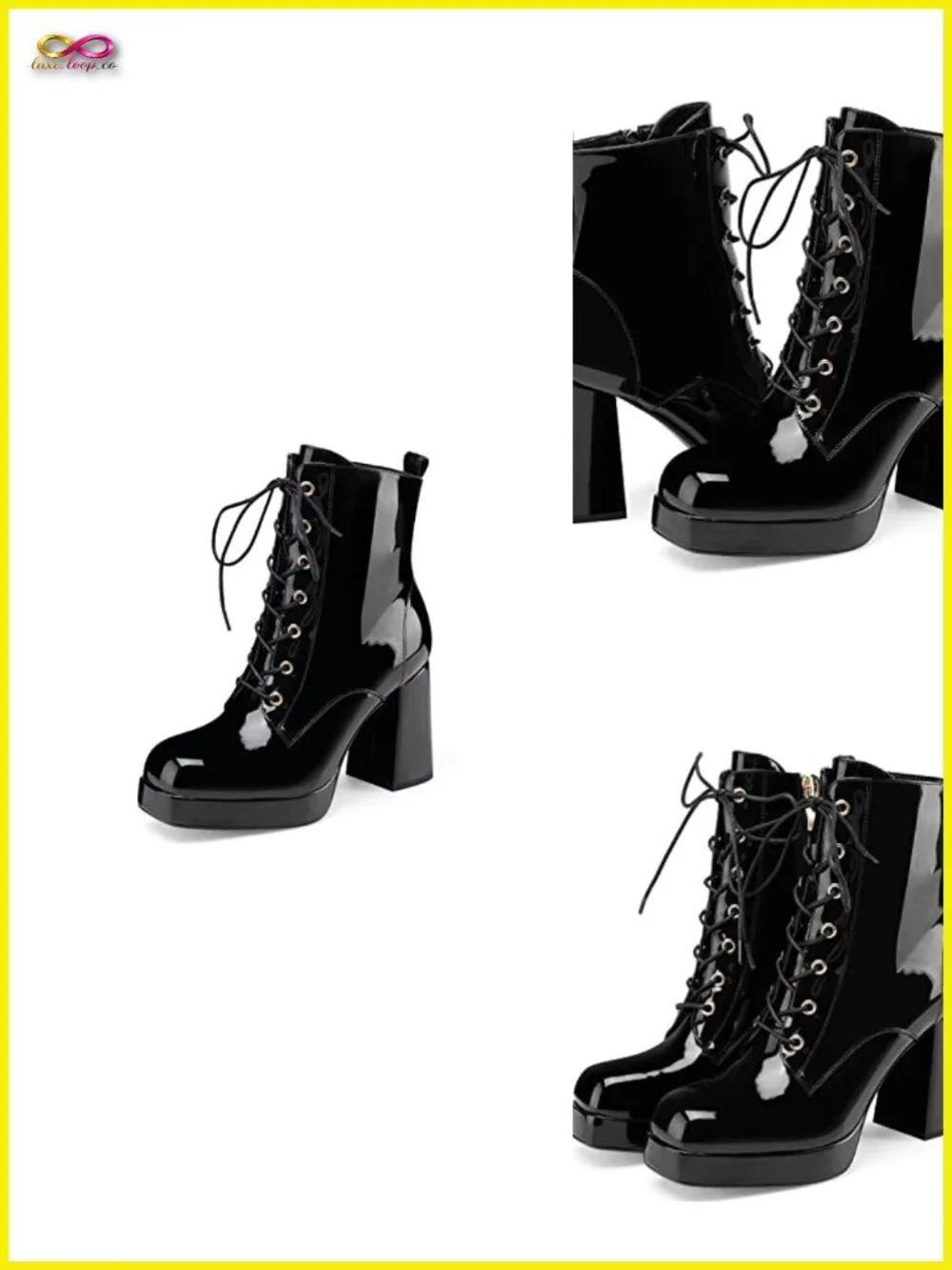 Platform Ankle Boots with High Chunky Heel Lace-up Square Toe Patent Leather